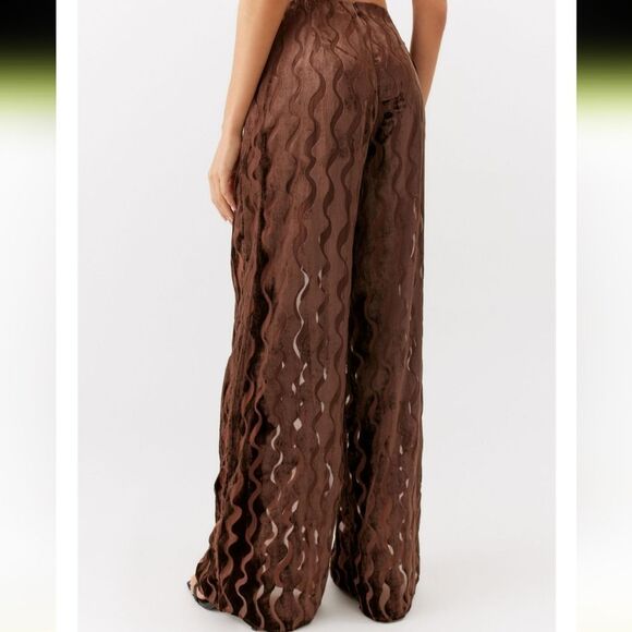 Burnout wavy pattern velvet, wide leg pull up pants, brown size M New - Picture 2 of 6